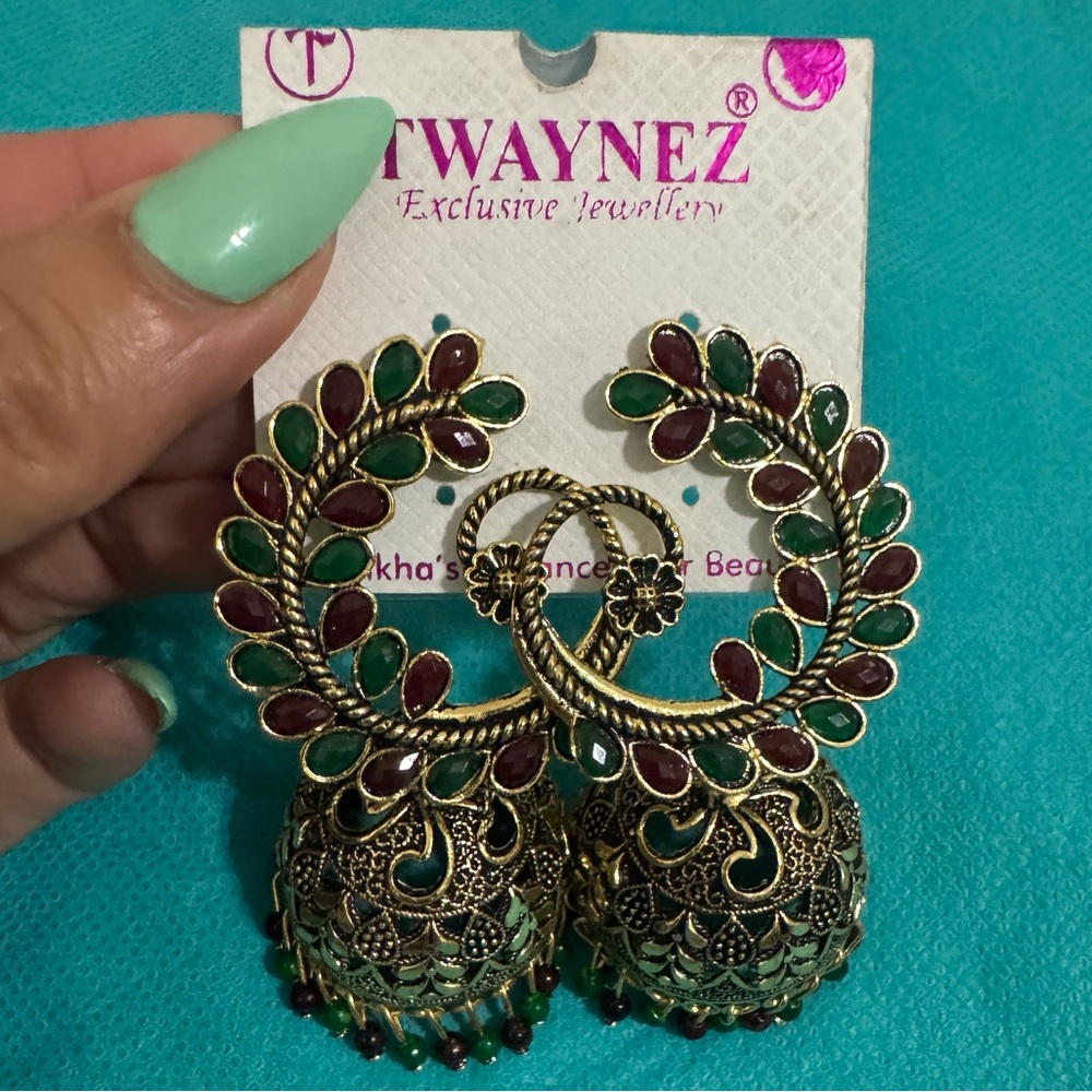 Traditional gold plated green Indian Pakistani tribal earrings